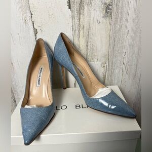 Manolo Blahnik Patent Denim Coated Blue High Heel Pumps 38.5